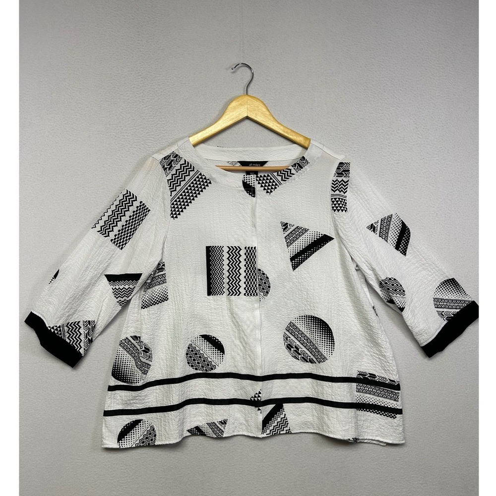 Artsy Lagenlook Ali Miles Womens PM White Black Geometric Textured Blouse